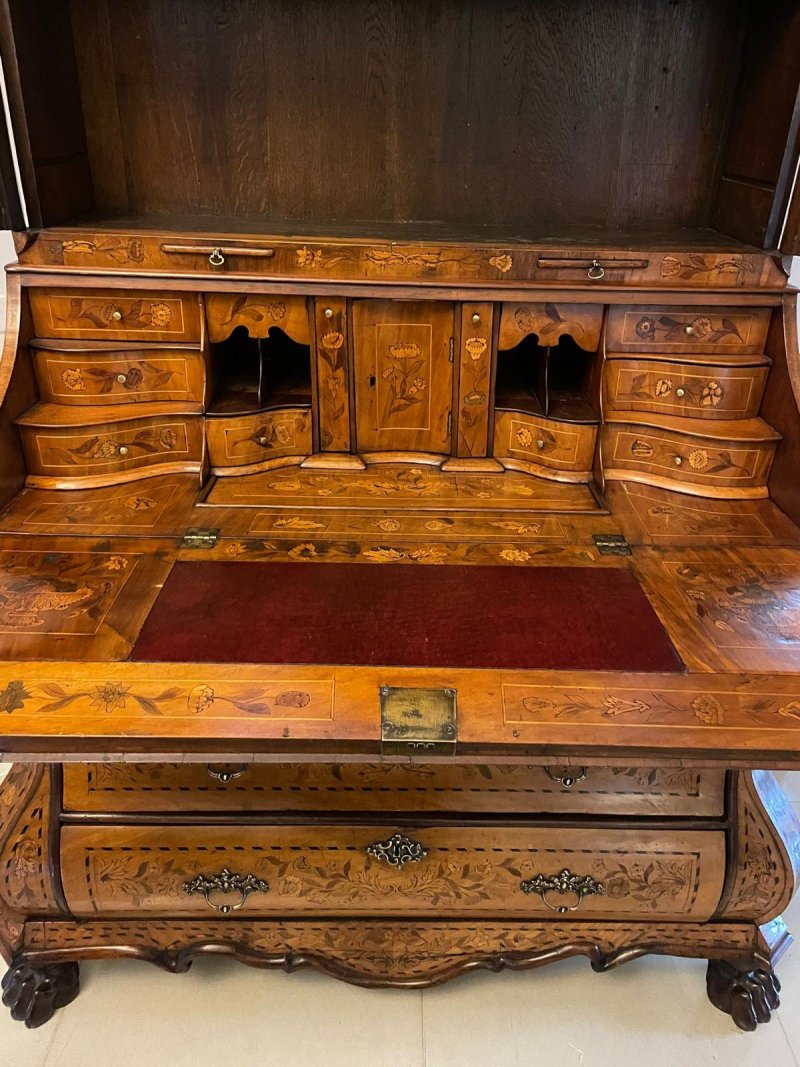 Outstanding Quality 18th Century Antique Dutch Marquetry Inlaid Burr Walnut Bureau Bookcase - Image 7